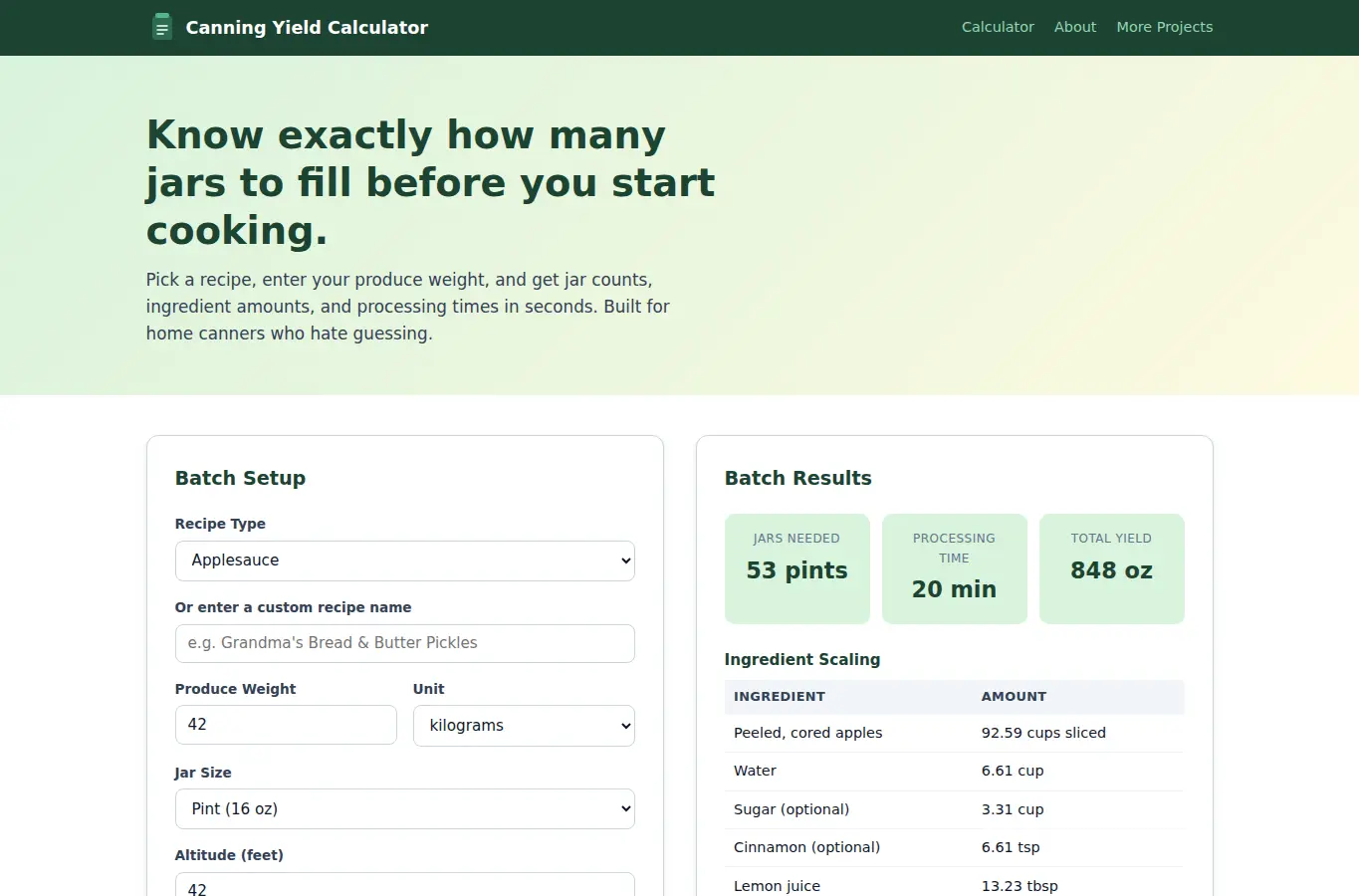 Screenshot of Canning Yield Calculator interface showing the project page in use